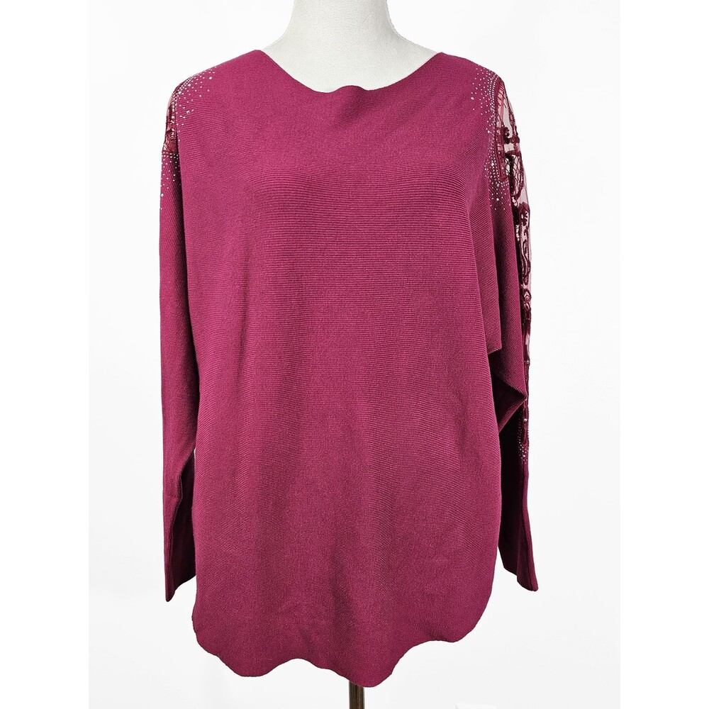LIV Milano Large Wildberry Lace Rhinestone Bling Knit Sweater Batwing Dolman NWT